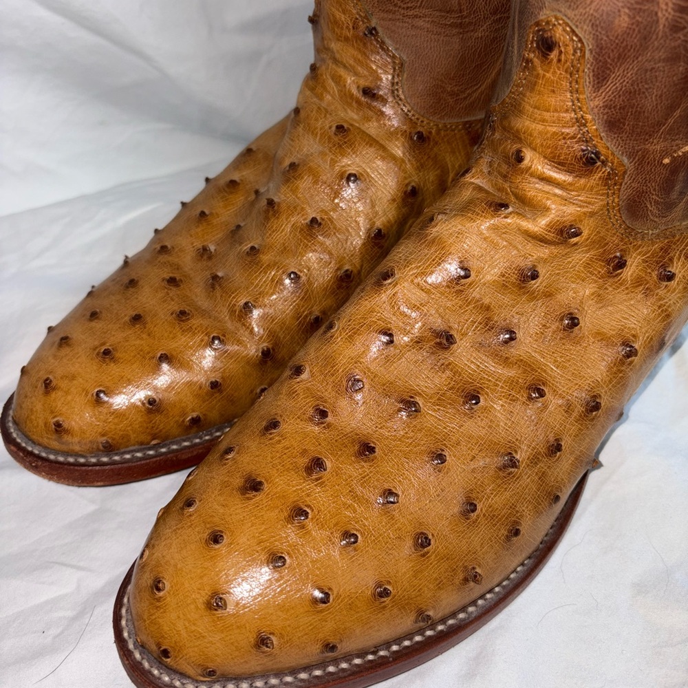 Justin Boots Tan and Brown Ostrich Western Boots - Picture 6 of 14